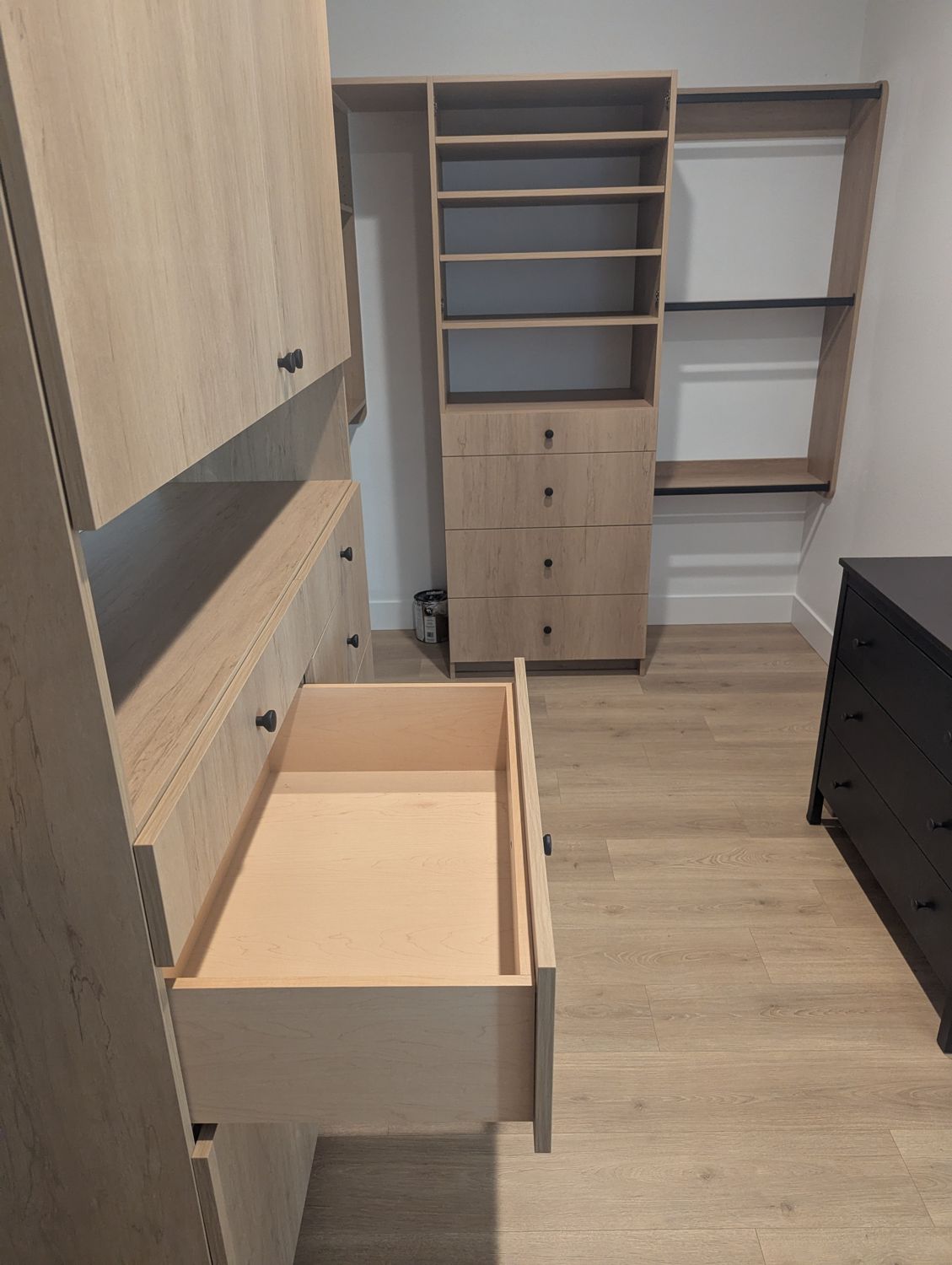Open drawer in the wood grain drawer stack, showing the drawer box
